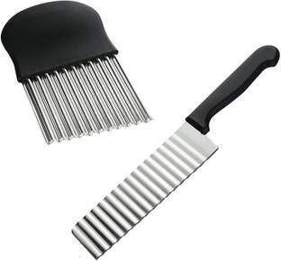 FLOXIT 2 Pc Stainless Steel Knife 2 PCS Crinkle Cutting Tool French Fry Slicer Stainless Steel Blade Nylon Handle