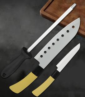 Arrier 3 Pc Stainless Steel Knife Set Premium Kitchen Knife Combo Chef & Paring Knife with Knife Sharpener (Yellow)