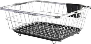 Quickmart Dish Drainer Kitchen Rack Plastic Steel Dish Rack With Handle & Draining Tray Included | 17x22 Inch