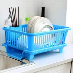 Flipkart SmartBuy Dish Drainer Kitchen Rack Plastic 3 in 1 Large Sink Set Dish Rack Drainer ,Drying Rack Washing Basket tray Blue