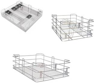 Bloo Basket Utensil Kitchen Rack Steel Stainless Steel Modular Kitchen Basket Accessories cabinets Multipurpose drawer Wired 6" Plain,4" Cutlery,8" Thali (16 Inch Width * 20 Inch Depth) set of 3