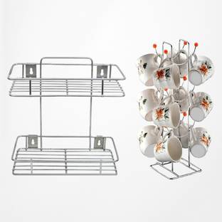 sksj Utensil Kitchen Rack Steel Stainless Steel Kitchen Shelf and Mug Stand Set Combo"