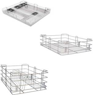 Bloo Basket Utensil Kitchen Rack Steel Stainless Steel Modular Kitchen Basket Accessories cabinets Multipurpose drawer 6" Plain ,4" cutlery , 8" Thali Wired(15 inch width * 20 inch depth) set of 3