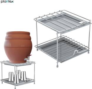 Plantex Matka Kitchen Rack Steel, Plastic Matka Stand for Kitchen/Square Matka Stand for Water Pot with Tray-(8X7.5 in)