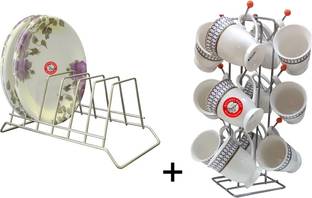 KITCHEN KART Utensil Kitchen Rack Steel Plate Stand Holder With Cup Stand Holder for Plates/Cup/Mug Combo (Pack of 2)