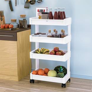 Heart Home Containers Kitchen Rack Plastic 4-Layer Multipurpose Plastic Kitchen Trolley with Wheels | White