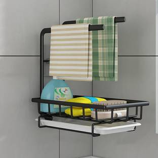 KUBER INDUSTRIES Utensil Kitchen Rack Carbon Steel Sponge Holder with Drain Pan for Kitchen Sink, Sponge, Brush, Soap (Black)