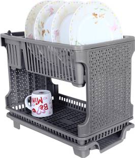 KUBER INDUSTRIES Dish Drainer Kitchen Rack Plastic Plastic Dish Rack with Drainer|Dish Rack|Bartan Stand for Kitchen|Gray