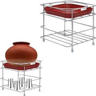 Plantex Matka Kitchen Rack Steel, Plastic Matka Stand/Steel 2-Tier Matka Stands for Kitchen/Round Water Pot with Tray