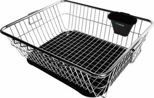 SMART SLIDE Dish Drainer Kitchen Rack Steel Stainless Steel Dish Drainer Rack with Drip Tray / Utensil Drying Stand for Kitchen / Plate Rack / Bartan Basket With Cutlery Holder / Sink Counter Top Dish Drainer Rack / Kuda Basket (22L x 17W x 9H inches)