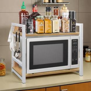 lukzer Utensil Kitchen Rack Wood, Steel Lukzer 2 Layer Multipurpose Stand for Kitchen (White,54.5x60x39)