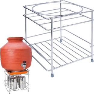zybil Matka Kitchen Rack Steel Heavy stainless steel Matka stand with plastic tray Plant stand