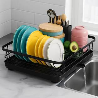 ZROY ENTERPRISE Dish Drainer Kitchen Rack Carbon Steel Kitchen Rack with Utensils Basket Drainer | Dish Drainer Basket for Kitchen