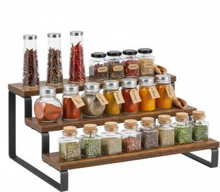 OIKIA DECOR Containers Kitchen Rack Wood 3 Tier Wooden Spice Rack for Kitchen Counter | Step Shelf Org...