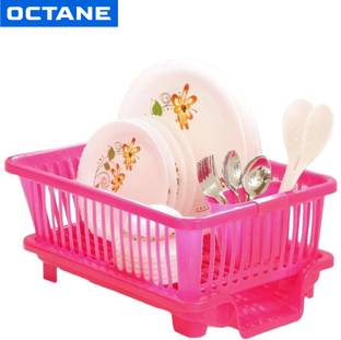 octane Dish Drainer Kitchen Rack Plastic 3 in 1 Large Sink Set Dish Rack (PINK)