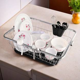 Heart Home Dish Drainer Kitchen Rack Steel Steel Dish Rack With Handle & Draining Tray Included | 17x22 Inch | Silver