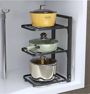 KUBER INDUSTRIES Utensil Kitchen Rack Carbon Steel 3-Layer Pots and Pans Organiser Rack With Adjustable Pot Lid (Black)