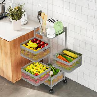 KUBER INDUSTRIES Fruits/Vegetables Kitchen Rack Iron 4-Tier Revolving Multipurpose Storage Rack with Wheels | Silver