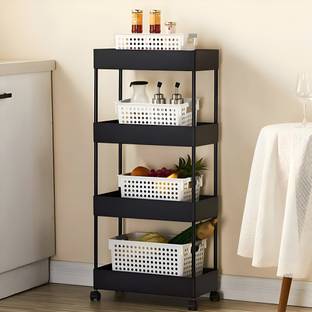 VM BOND 4Tier Multipurpose Storage Trolley with Wheels Black Heavy Duty Rack for Office Stainless Steel, Plastic Kitchen Trolley