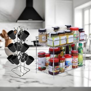 BHOLA STEEL Containers Kitchen Rack Steel Combo 2 Layer Spice Rack+ Cup Stand 12 Hooks for Cups Stainless Steel Pack of 2