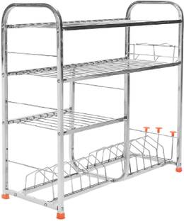 IRONTECH Utensil Kitchen Rack Steel Stainless Steel 4 Shelf Wall Mount Kitchen Utensils Rack | Dish Rack with Plate & Cutlery Stand | Modular Kitchen Storage Rack | Kitchen Organizer (24x24 Inch)