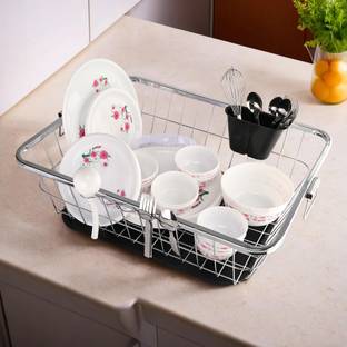 KUBER INDUSTRIES Dish Drainer Kitchen Rack Steel Steel Dish Rack With Handle & Draining Tray Included | 17x22 Inch | Silver