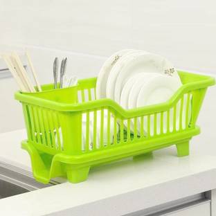 KUBER INDUSTRIES Dish Drainer Kitchen Rack Plastic 3 in 1 Large Durable Plastic Kitchen Sink Dish Rack Drainer Drying Rack Washing Basket with Tray for Kitchen, Dish Rack Organizers, Utensils Tools Cutlery (Green)