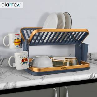 Plantex Dish Drainer Kitchen Rack Aluminium, Plastic Kitchen Storage Rack/Aluminum Fold Flat Dish Drying Rack/2-Tier with Drainboard
