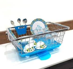 SMART SLIDE Dish Drainer Kitchen Rack Steel, Plastic Stainless Steel Utensil Basket Drainer Dish Drainer Basket with Tray for Kitchen