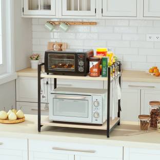 Livzing Utensil Kitchen Rack Wood 2Tier Microwave Rack With Hanging Plastic Hooks-Metal Frame With Engineered Wood