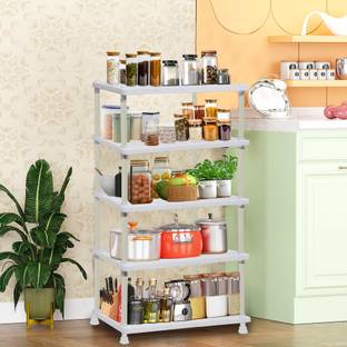 URBAN CHOICE Fruits/Vegetables Kitchen Rack Plastic 5-Layer White Kitchen Rack with Tray Design for Optimal Storage