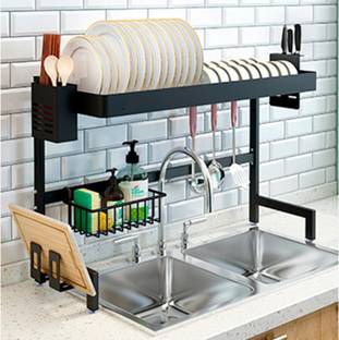 iBELL Dish Drainer Kitchen Rack Carbon Steel DR185 Dish Drying Rack, Bartan Stand / Over Sink Organizer, Shelf for Utensils,