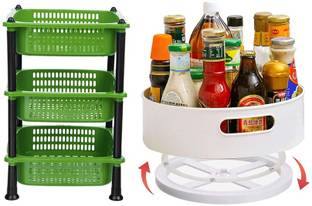 VM BOND Combo Set 360? Rotating Tray & Big Kitchen Pack of 2 Plastic Fruit & Vegetable Basket