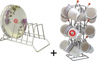 KITCHEN KART Plate Kitchen Rack Steel Plate Stand Holder With Cup Stand Holder for Plates/Cup/Mug Combo (Pack of 2)