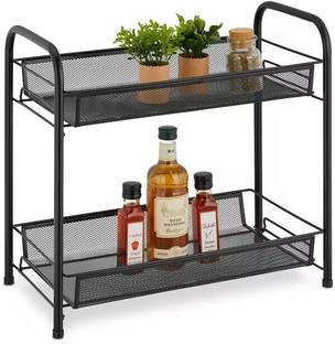 S-B-S Store Utensil Kitchen Rack Iron Mesh Spice Rack Organizer for Countertop 2-Tier Foldable Metal Rust-Proof Rack