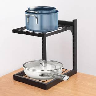 KUBER INDUSTRIES Utensil Kitchen Rack Carbon Steel 2-Layer Pots and Pans Organiser Rack With Adjustable Pot Lid (Black)