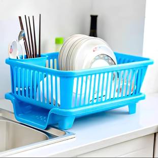 jasifs Dish Drainer Kitchen Rack Plastic 3 in 1 Large Durable Plastic Drainer Drying Rack Washing Basket with Tray