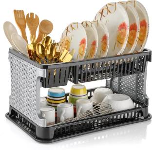 Quickmart Dish Drainer Kitchen Rack Plastic Multipurpose Dish Drainer Kitchen Racks with Storing Tray Kitchen Rack Silver