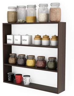 LCWDECOR Containers Kitchen Rack Wood Wooden 3 Step Kitchen Wall Stand, Wooden Kitchen Container Storage Rack