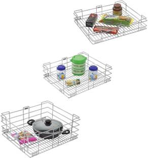 SMART SLIDE Utensil Kitchen Rack Steel 19 x 18 Inch Pack of 3 Stainless Steel Modular Kitchen Basket / Kitchen Rack / Kitchen Drawer / Kitchen Cabinet / Utensil Rack…