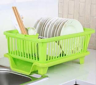 MECHON Plastic 3 in 1 Large Sink Set Dish Rack Drainer with Tray for Kitchen (Green) Storage Basket