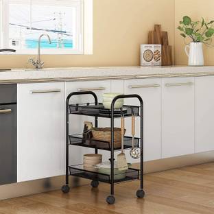 lukzer Fruits/Vegetables Kitchen Rack Carbon Steel 3-Tier Metal Kitchen Storage Organizer Cart with Wheels and Hooks (16x44x62CM)