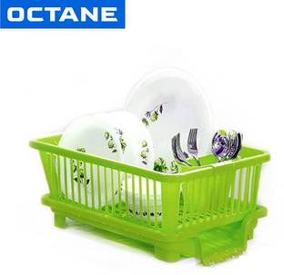 octane Dish Drainer Kitchen Rack Plastic 3 in 1 Large Sink Set Dish Rack (GREEN)