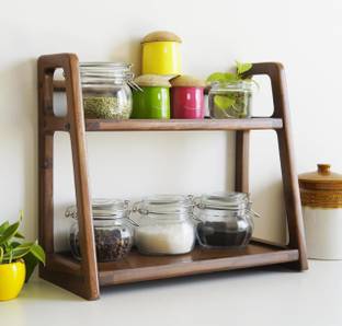 MSTRADERS Containers Kitchen Rack Wood Premium Wooden Kitchen Organizer Rack – 2-Tier Spice & Jar Shelf Stand