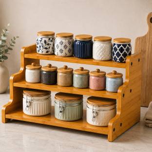 DECORIMPEX Containers Kitchen Rack Wood Wooden 3 Tier Kitchen Counter Organizer | Step Shelf.