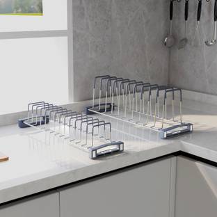 Plantex Plate Kitchen Rack Steel Stainless Steel Saucer/Thali/Plate Stand/Dish Racks for Kitchen-Set of 2(Chrome)