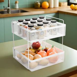 HOMESTIC Fruits/Vegetables Kitchen Rack Iron 2-Tier Metal Square Kitchen Rack Stand Organiser | White