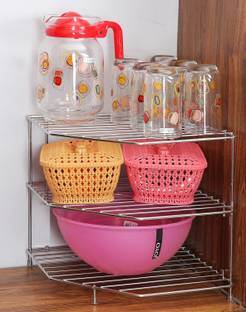 IRONTECH Utensil Kitchen Rack Steel Multipurpose Stainless Steel kitchen plate dish corner shelf rack stand shelves, storage cupboard, cabinet organizer, organiser for home bathroom living room, Size:25x25x30 CM