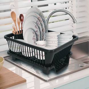 Shopixo Dish Drainer Kitchen Rack Plastic 3 in 1 Large Sink Set Dish Rack Drainer Drying Rack Basket with Tray (Black)