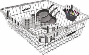 SMART SLIDE Plate Kitchen Rack Steel High Grade Stainless Steel Kitchen Basket with Cutlery Holder / Utensil Drainer Kitchen Rack / Bartan Basket / Utensil Drying Rack / Kuda Basket / Kitchen Stand (59 x 48 x 20.5 CM)